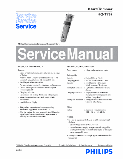 Philips HQ-T789 Service Manual Beard Trimmer Rechargeable 100/240V - pag. 3