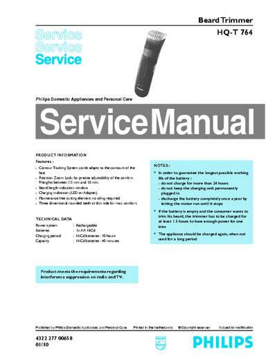 PHILIPS HQ-T 764 Service Manual Domestic Appliance and Personal Care  - pag. 3