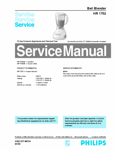Philips HR 1752 Service Manual Bell Blender 500W (01/10) - pag. 3