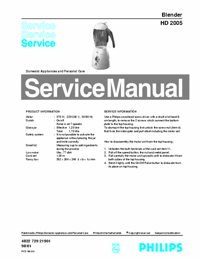 Philips HD2005 Service Manual Blender 370W (98/01) - pag. 3