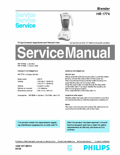 Philips HR1774 Service Manual Blender 5 Speed + Pulse 500W 01/10 - pag. 3