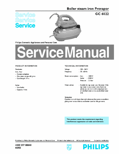 Philips GC6019 (Provapor) Service Manual Boiler Steam Iron Provapor 2000W 02/03 - pag. 6