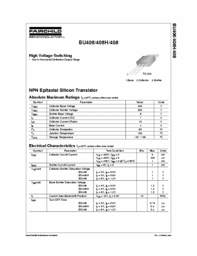 Fairchild BU406/406H/408 High Voltage Switching