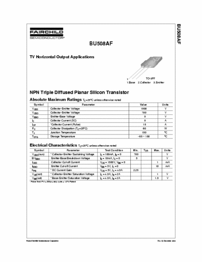 Fairchild BU508AF TV Horizontal Output Applications