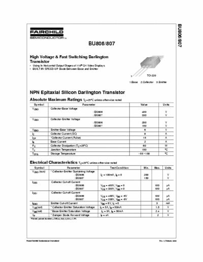 Fairchild BU806/807 High Voltage & Fast Switching Darlington