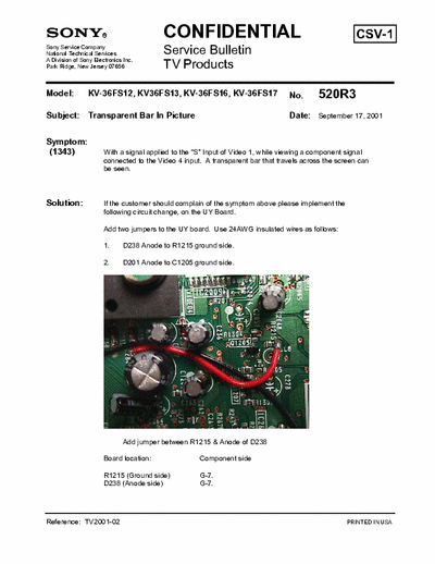 Sony KV-36FS12 KV36FS13 KV-36FS16 KV-36FS17 Symptom: With a signal applied to the S Input of Video 1, while viewing a component signal connected to the Video 4 input. A transparent bar that travels across the screen can be seen - pag. 2