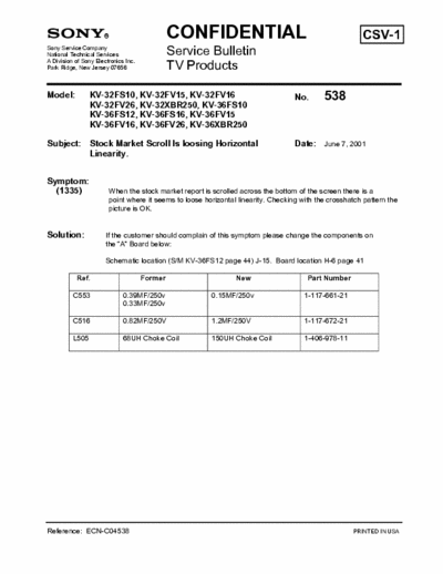 Sony KV-32FS10, KV-32FV15, KV-32FV16, KV-32FV26, KV-32XBR250, KV-36FS10, KV-36FS12, KV-36FS16, KV-36FV15, Symptom: [1335] When the stock market report is scrolled across the bottom of the screen there is a point where it seems to loose horizontal linearity. Checking with the crosshatch pattern the picture is OK. - pag. 1