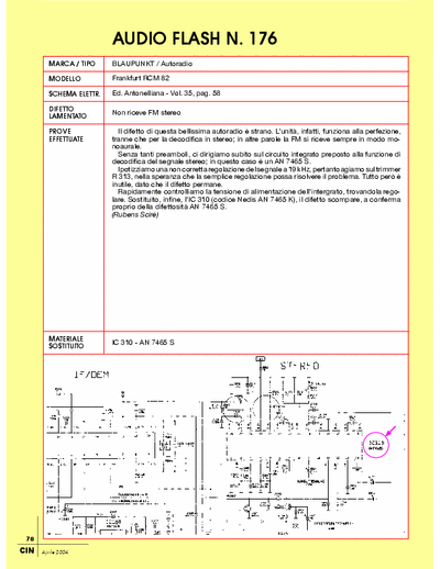 Blaupunkt Frankfurt RCM-82 car-audio repair. Guasto: non riceve FM stereo [AN7465S]