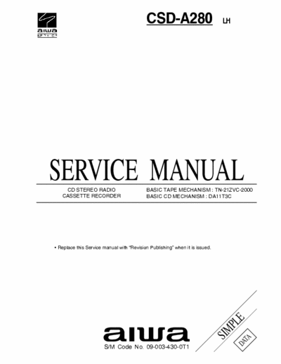 Aiwa CSD-A280 Service Manual Portable Stereo - Tape mech. TN-21ZVC-2000, Cd mech. DA11T3C- pag. 15