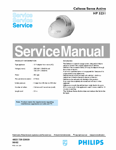 Philips HP 5231 Service Manual Cellesse Sense Active 8W - pag. 5