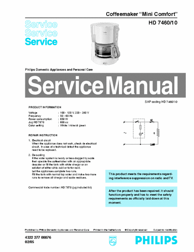 Philips HD 7460 /10 Service Manual Cofeemaker Mini Comfort 650W (02/05) - pag. 2