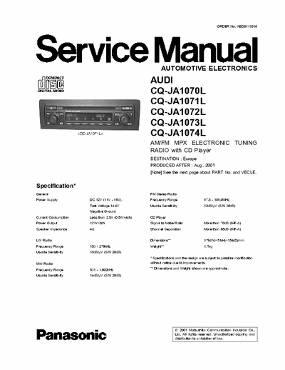 AUDI A3 CQ-JA107XL AM/FM RADIO MPX ELECTRONIC TUNING RADIO with CD Player 
AUDI A3