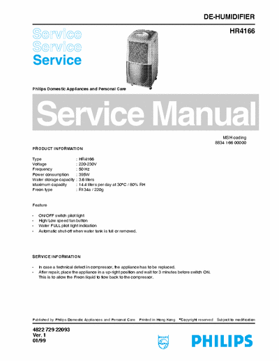 Philips HR4166 Service Manual De-Humidifier 395W 01/99 - pag. 4
