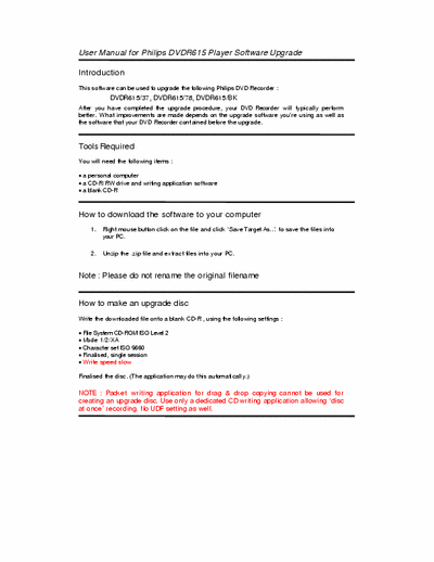  DVDR615 Manual para atualização de Firmware do DVD da Philips modelo DVDR615
