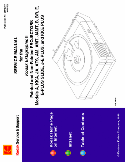 Kodak Ektagraphic III SERVICE MANUAL
for the
Kodak Ektagraphic III
Painted and Non-Painted PROJECTORS
Models A, KKA, JA, ATS, AM, AMT, JAMT, B, BR, E,
E-PLUS SLIDE, J-E PLUS, and KKE PLUS