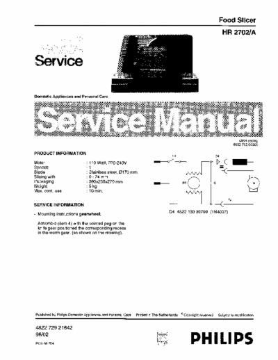 Philips HR 2702/A Service Manual Food Slicer 220V (110W) - pag. 2