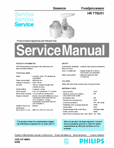 Philips HR 7752/01 Service Manual Foodprocessor Essence 800W (02/06) - pag. 6