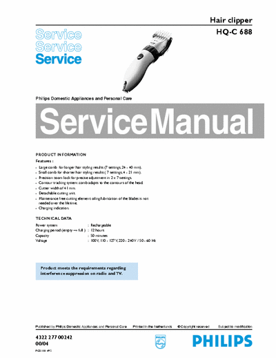 Philips HQ-C 688 Service Manual Hair Clipper Rechargeable (00/04) - pag. 3