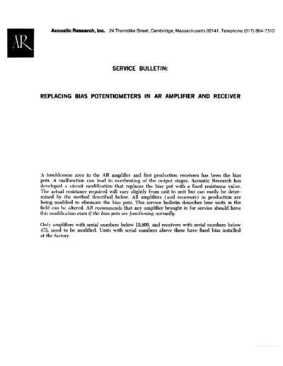 Acoustic Research Amplifier Service Bulletin, specifications