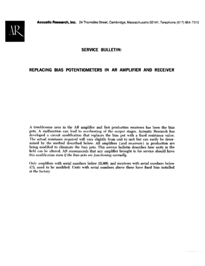 Acoustic Research Receiver Service Bulletin and Schematic