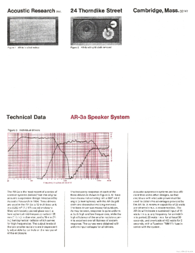 Acoustic Research AR-3 AR3 loudspeakers technical data