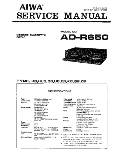 Aiwa AD-R650 Stereo cassette deck Service Manual