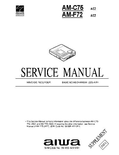 Aiwa AM-C75 AM-F72 Minidisc recorder service manual + service bulletin