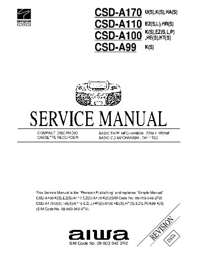 Aiwa CSD-A170 CSD-A110 CSD-A100 CSD-A99 COMPACT DISC RADIO CASSETTE RECORDER service manual