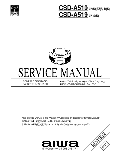 Aiwa CSD-A510 CSD-A519 COMPACT DISC RADIO
CASSETTE RECORDER Service manual revision

BASIC TAPE MECHANISM : TN-21ZVC-2000
BASIC CD MECHANISM : DA11T3C