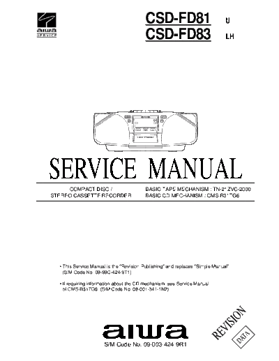 Aiwa CSD-FD81 CSD-FD83 COMPACT DISC STEREO CASSETTE RECORDER Service Manual

BASIC TAPE MECHANISM : TN-21ZVC-2000
BASIC CD MECHANISM : CMS-B31TG6