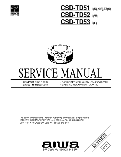 Aiwa CSD-TD51 CSD-TD52 CSD-TD53 COMPACT DISC STEREO RADIO CASSETTE RECORDER Service Manual

 BASIC TAPE MECHANISM : TN-21ZVC-2000
 BASIC CD MECHANISM : DA11T3C
