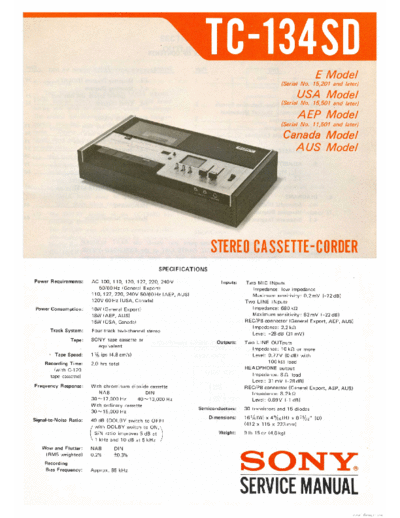 Sony TC-134SD Stereo cassette - recorder Service Manual