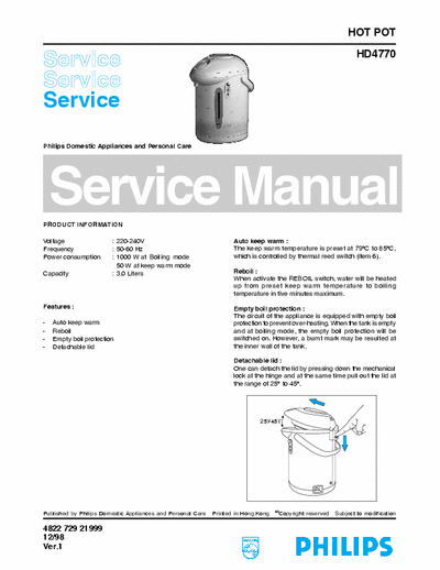 Philips HD 4770 Service Manual Hot Pot 1000W [12/98] Ver. 1 - pag. 3