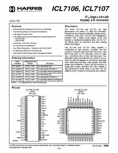 Icl7106 схема включения в мультиметре Service manual : Harris ICL7106 icl7106.pdf, ICL7106 ICL7107 3 1/2 digit LCD / L