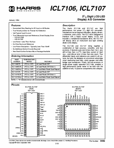 Harris ICL7106 ICL7106 ICL7107 3 1/2 digit LCD / LED display A/D converter