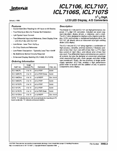 Intersil ICL7106 ICL7106 ICL7106S ICL7107 ICL7107S LCD / LED display A/D converters
