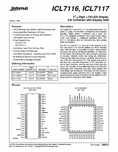 Intersil ICL7116 ICL7116 , ICL7117 3 1/2 digit LCD / LED display A/D converter with display hold