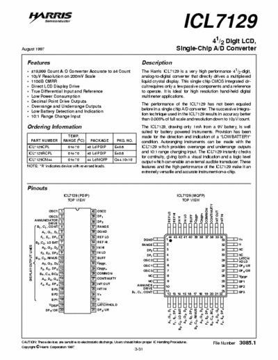 Harris ICL7129 4 1/2 digit LCD single-chop A/D converter