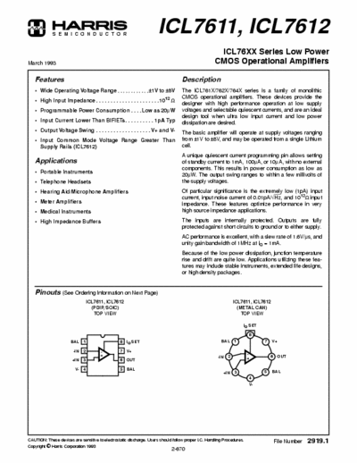 Harris ICL7611 ICL7611 ICL7612 low power cmos operational amplifiers