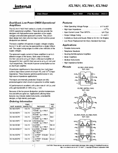 Intersil ICL7621 ICL7621 ICL7641 ICL7642 dual / quad low power CMOS operational amplifiers