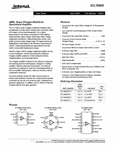 Intersil ICL7650 2MHz super chopper - stabilized operational amplifier