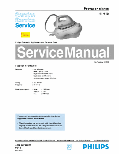 Philips HI910 Service Manual Provapor Elance 220V 800+1200W [2 bar] - pag. 6
