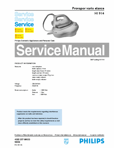 Philips HI914 Service Manual Provapor Vario Elance 220V 800+1200W [3,0 bar] - pag. 6