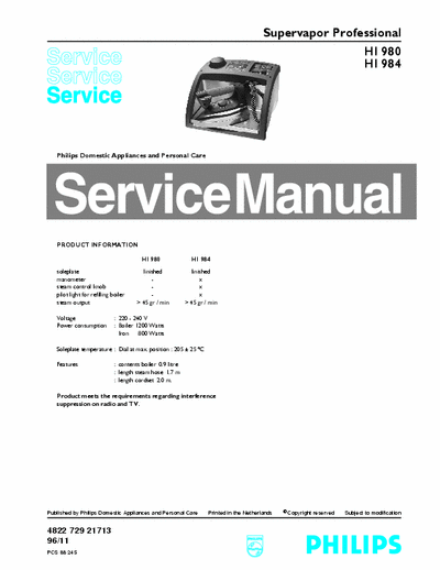 Philips HI 980, HI 984 Service Manual Supervapor Professional 1200W+800W - pag. 6