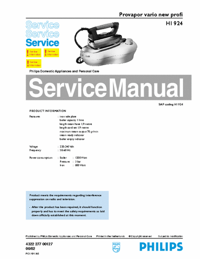 Philips HI 924 service manual provapor vario new profi [1200W, 3 bar - 4322 277 00127 (00/02)] pag. 6