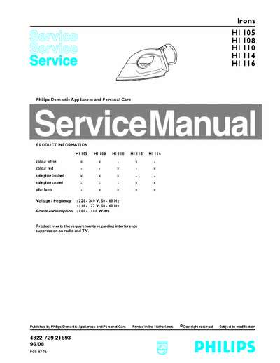 Philips HI105  HI108  HI110 Service Manual Irons 1100W [4822 729 21693] (96/02) - pag. 3