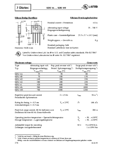 Diotec KBU4A KBU4A .. KBU4M silicon bridge rectifiers