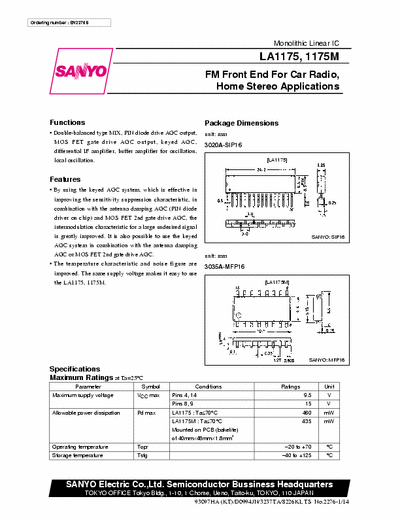 Sanyo LA1175 LA1175 & LA1175M FM front end for car radio, home stereo applications