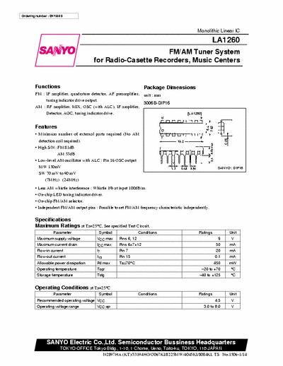 Sanyo LA1260 FM / AM tuner system for radio - casette reocrders, music centres