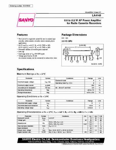Sanyo LA4145 0.6 to 0.9W power amplifier for radio cassette recorders